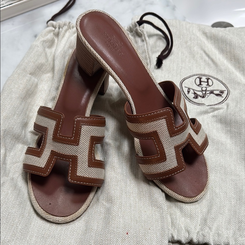 Hermes Oasis Canvas and Leather Slide Sandals